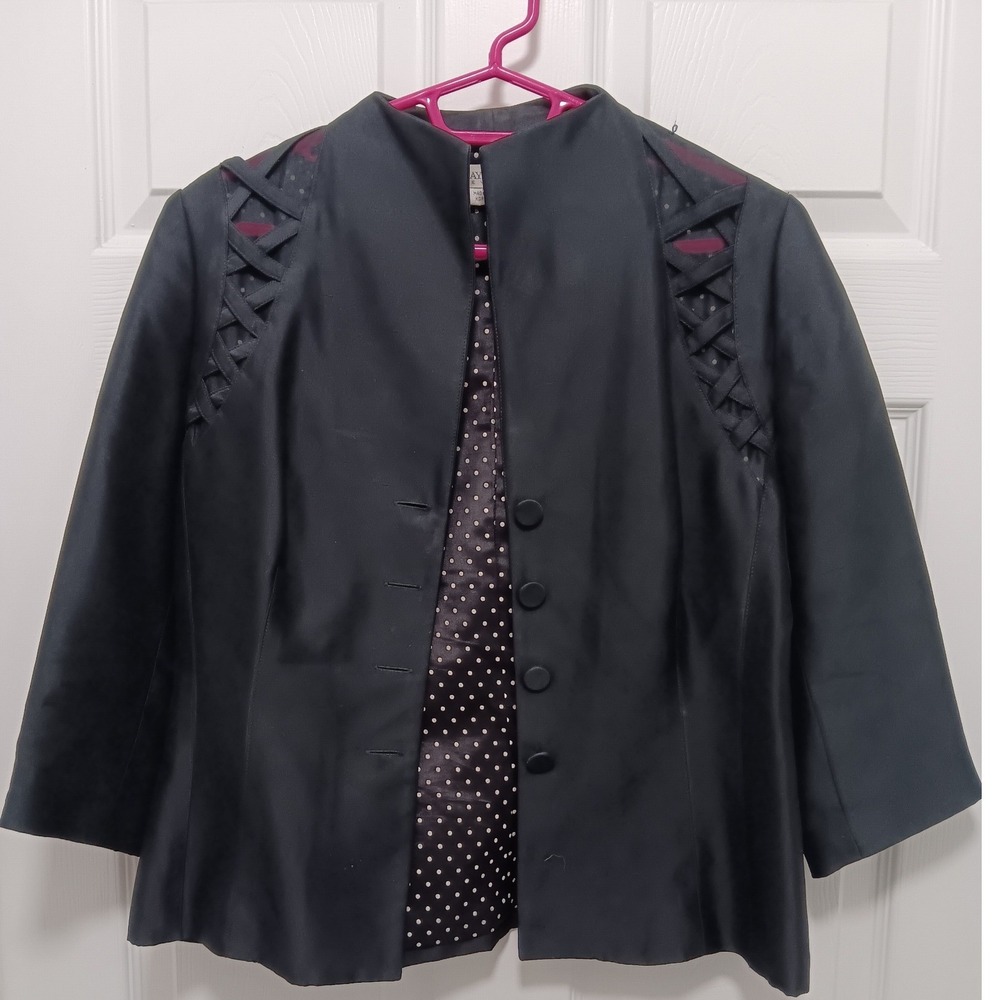 Kay Unger New York Black 100% Silk Evening Jacket Lattice Shoulder Cutout Size 6
